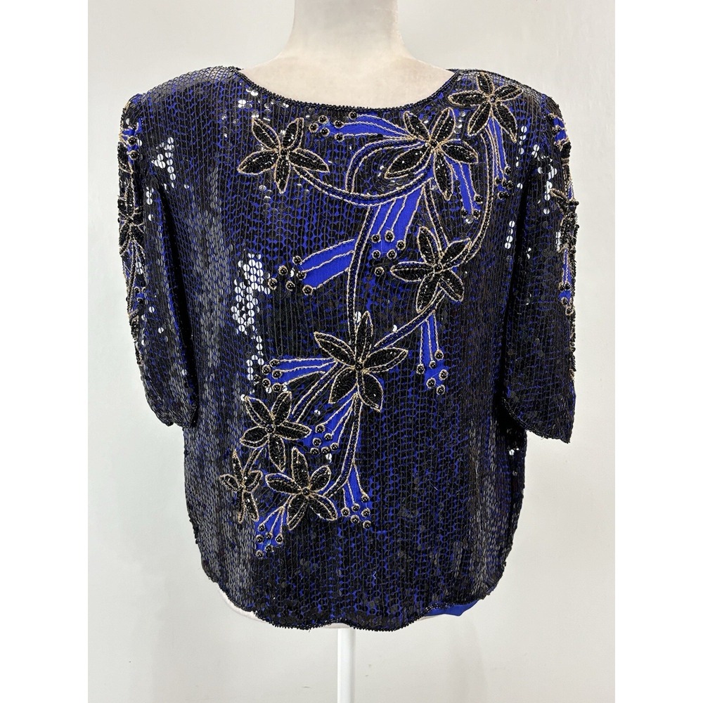 Vtg Scala Sequins Beaded Shirt Sz Large Women's Black Blue Silk Floral Design